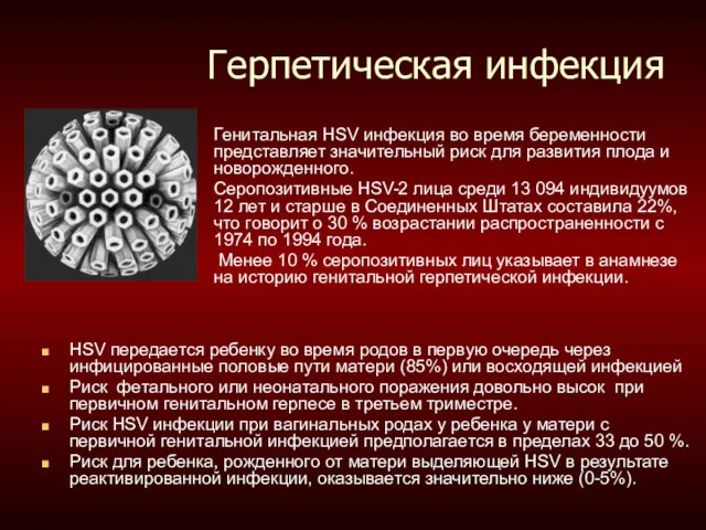 Герпетическая инфекция Генитальная HSV инфекция во время беременности представляет значительный