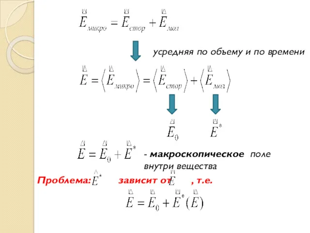 усредняя по объему и по времени - макроскопическое поле внутри вещества Проблема: зависит от , т.е.