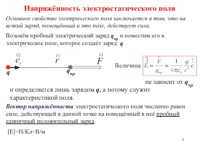 Напряжённость электростатического поля Основное свойство электрического поля заключается в том,