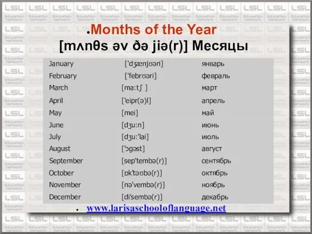 www.larisaschooloflanguage.net Months of the Year [mʌnθs əv ðə jiə(r)] Месяцы