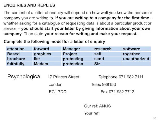 ENQUIRIES AND REPLIES The content of a letter of enquiry