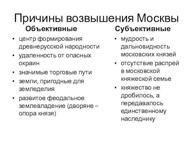 Причины возвышения Москвы центр формирования древнерусской народности удаленность от опасных