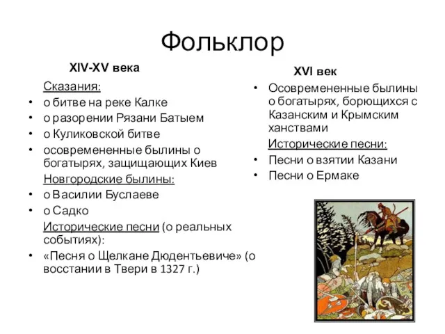 Фольклор Сказания: о битве на реке Калке о разорении Рязани