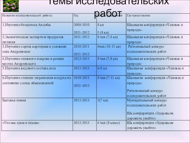 Темы исследовательских работ