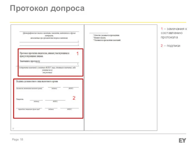 Протокол допроса 1 – замечания к составлению протокола 2 – подписи 1 2