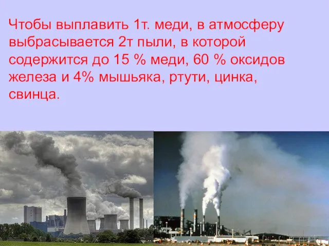 Чтобы выплавить 1т. меди, в атмосферу выбрасывается 2т пыли, в