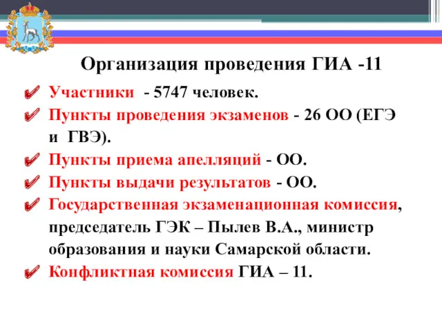 Организация проведения ГИА -11 Участники - 5747 человек. Пункты проведения