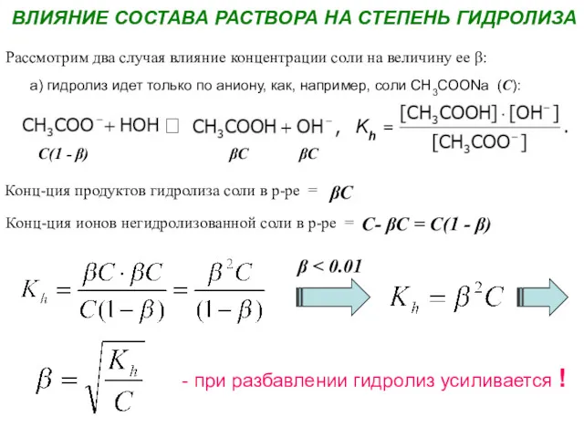 Рассмотрим два случая влияние концентрации соли на величину ее β: