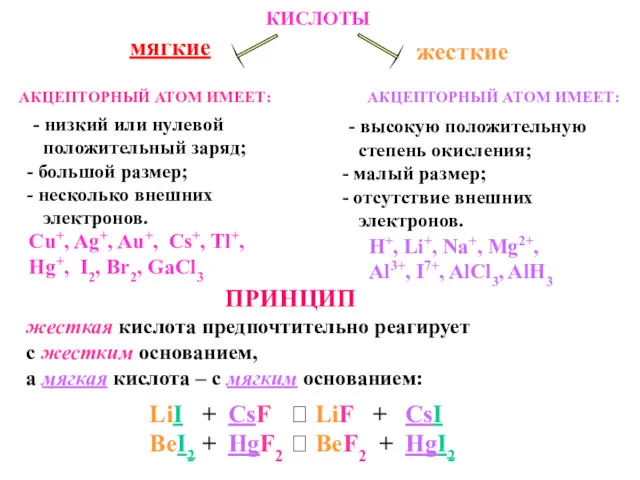 КИСЛОТЫ мягкие жесткие АКЦЕПТОРНЫЙ АТОМ ИМЕЕТ: - высокую положительную степень