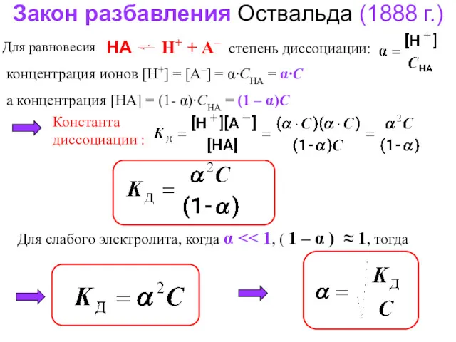 Закон разбавления Оствальда (1888 г.) Для равновесия НА Н+ +