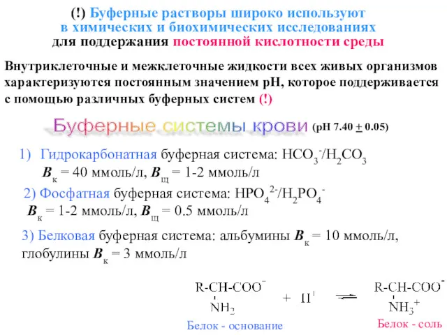 Гидрокарбонатная буферная система: HCO3-/H2CO3 Bк = 40 ммоль/л, Bщ =