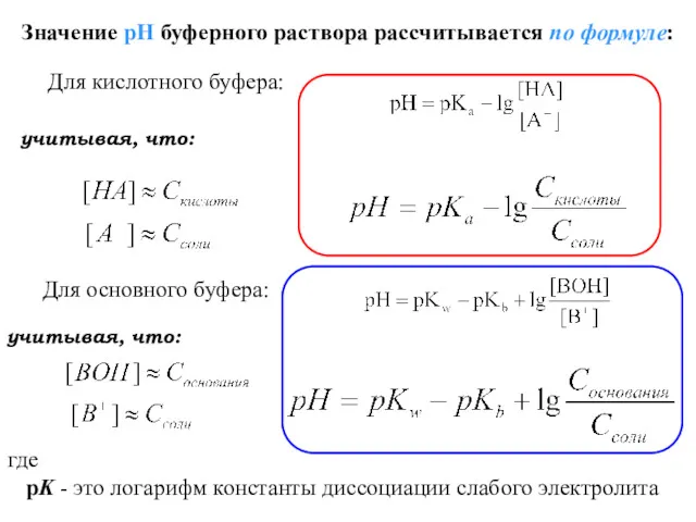 Значение рН буферного раствора рассчитывается по формуле: pK - это