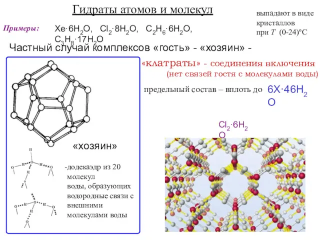 Гидраты атомов и молекул Примеры: Xe·6H2O, Cl2·8H2O, C2H6·6H2O, C3H8·17H2O выпадают