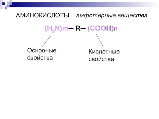 АМИНОКИСЛОТЫ – амфотерные вещества (H2N)m─ R─ (COOH)n (H2N)m (COOH)n Основные свойства Кислотные свойства
