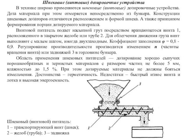 Шнековые (винтовые) дозировочные устройства В технике широко применяются шнековые (винтовые)