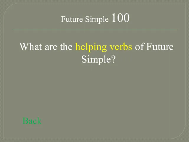 Future Simple 100 What are the helping verbs of Future Simple? Back