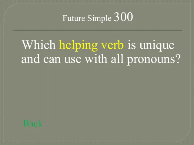 Future Simple 300 Which helping verb is unique and can use with all pronouns? Back