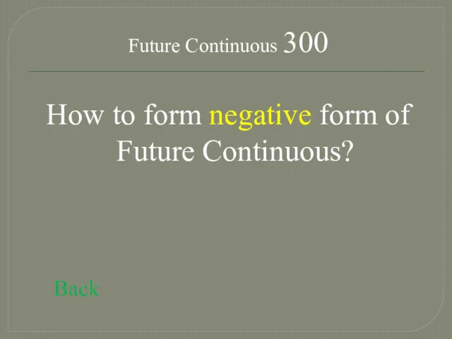 Future Continuous 300 How to form negative form of Future Continuous? Back