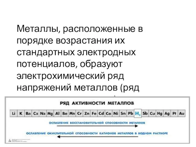 Металлы, расположенные в порядке возрастания их стандартных электродных потенциалов, образуют