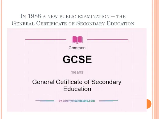 In 1988 a new public examination – the General Certificate