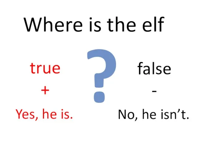 Where is the elf ? true + false - Yes, he is. No, he isn’t.