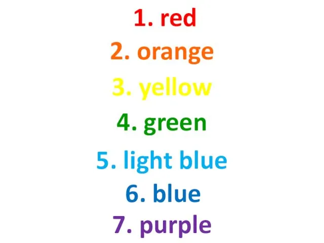 1. red 2. orange 3. yellow 4. green 5. light blue 6. blue 7. purple