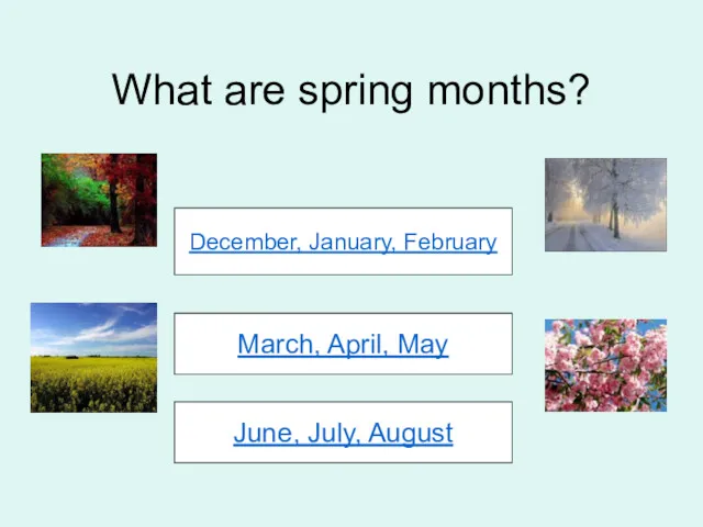 What are spring months? December, January, February March, April, May June, July, August