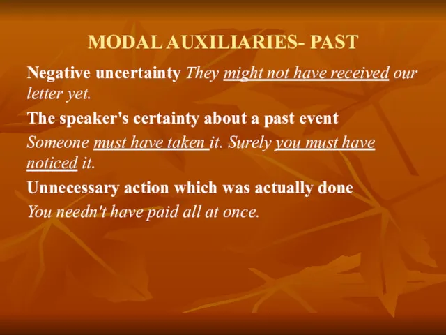 MODAL AUXILIARIES- PAST Negative uncertainty They might not have received