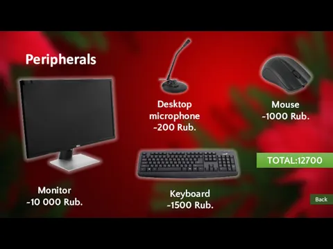 Peripherals Back Monitor ~10 000 Rub. Keyboard ~1500 Rub. Desktop