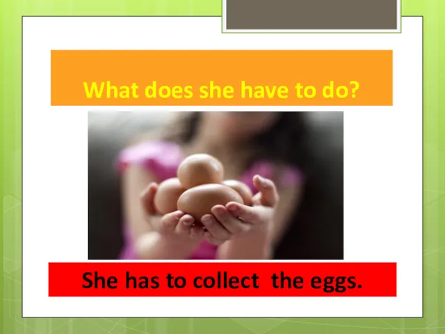What does she have to do? She has to collect the eggs.