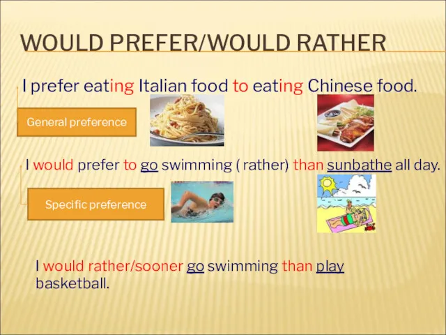 WOULD PREFER/WOULD RATHER I prefer eating Italian food to eating