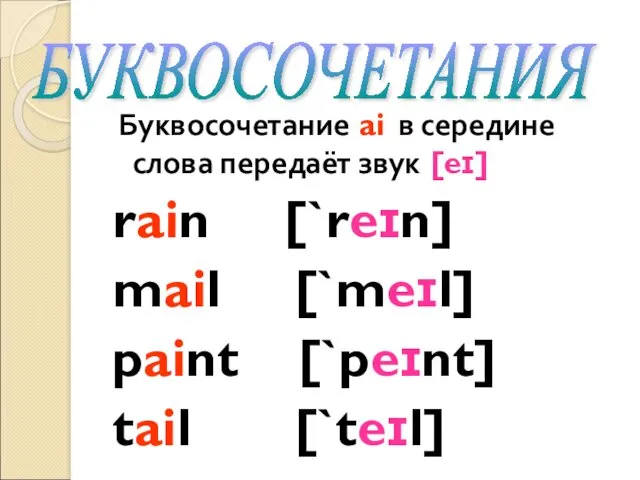 Буквосочетание ai в середине слова передаёт звук [eɪ] rain [`reɪn] mail [`meɪl] paint