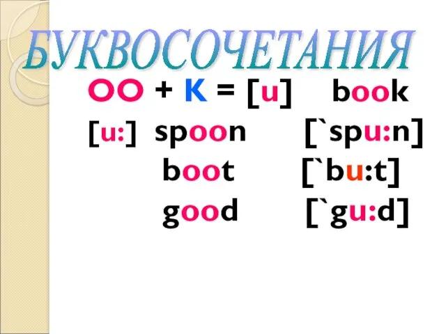 OO + K = [u] book [u:] spoon [`spu:n] boot [`bu:t] good [`gu:d] БУКВОСОЧЕТАНИЯ