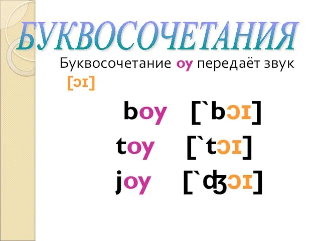 Буквосочетание oy передаёт звук [ɔɪ] boy [`bɔɪ] toy [`tɔɪ] joy [`ʤɔɪ] БУКВОСОЧЕТАНИЯ