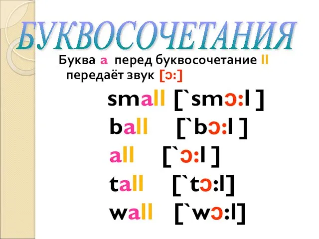 Буква a перед буквосочетание ll передаёт звук [ɔ:] small [`smɔ:l ] ball [`bɔ:l