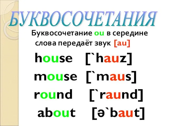 Буквосочетание ou в середине слова передаёт звук [au] house [`hauz] mouse [`maus] round