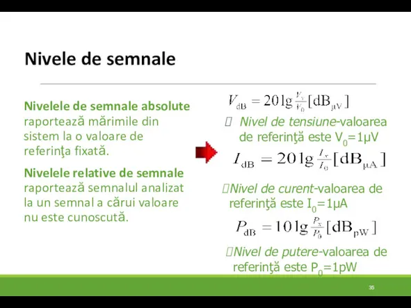 Nivele de semnale Nivelele de semnale absolute raportează mărimile din