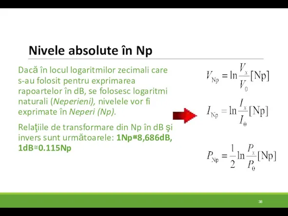 Nivele absolute în Np Dacă în locul logaritmilor zecimali care