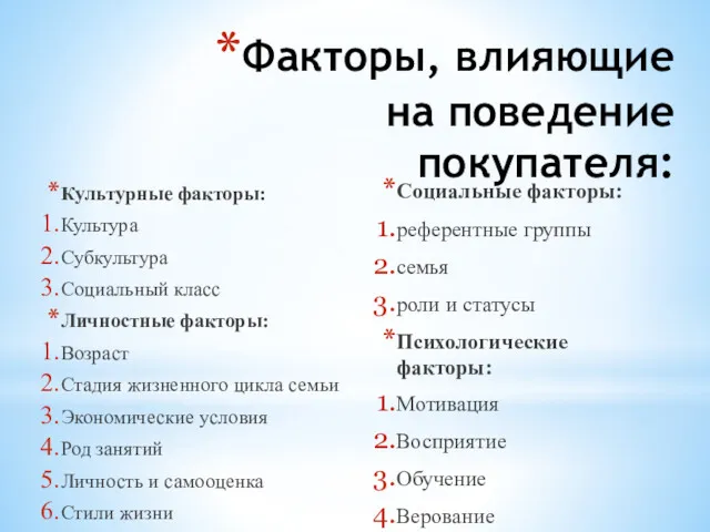 Факторы, влияющие на поведение покупателя: Культурные факторы: Культура Субкультура Социальный класс Личностные факторы: