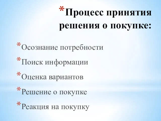 Процесс принятия решения о покупке: Осознание потребности Поиск информации Оценка вариантов Решение о