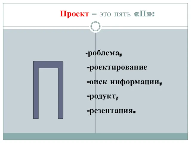 Проект – это пять «П»: -роблема, -роектирование -оиск информации, -родукт, -резентация. П