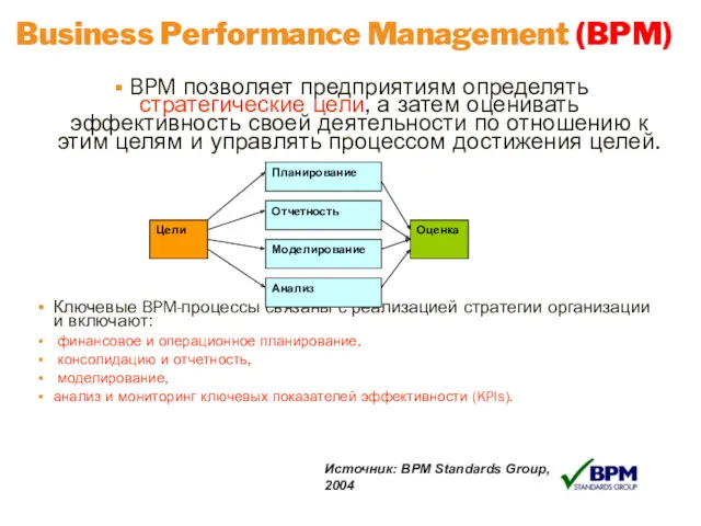 Business Performance Management (BPM) BPM позволяет предприятиям определять стратегические цели,