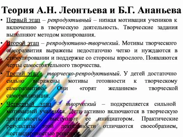 Теория А.Н. Леонтьева и Б.Г. Ананьева Первый этап – репродуктивный