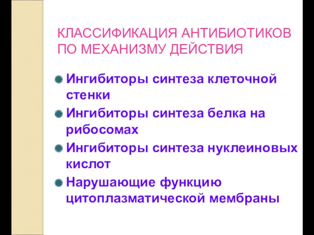 КЛАССИФИКАЦИЯ АНТИБИОТИКОВ ПО МЕХАНИЗМУ ДЕЙСТВИЯ Ингибиторы синтеза клеточной стенки Ингибиторы