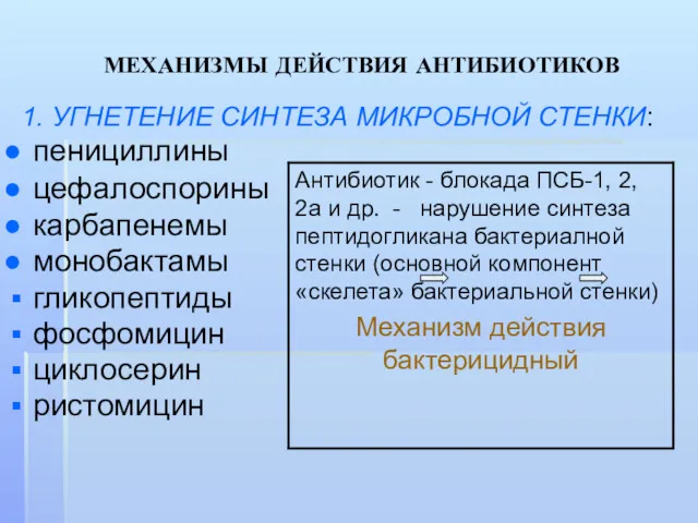 МЕХАНИЗМЫ ДЕЙСТВИЯ АНТИБИОТИКОВ 1. УГНЕТЕНИЕ СИНТЕЗА МИКРОБНОЙ СТЕНКИ: пенициллины цефалоспорины карбапенемы монобактамы гликопептиды фосфомицин циклосерин ристомицин