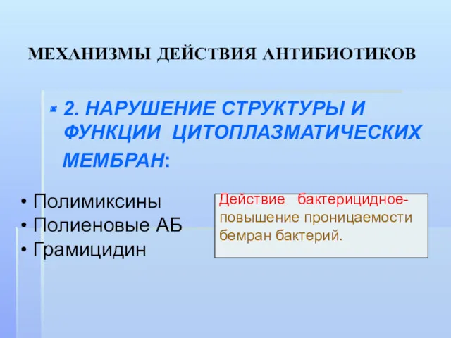 МЕХАНИЗМЫ ДЕЙСТВИЯ АНТИБИОТИКОВ 2. НАРУШЕНИЕ СТРУКТУРЫ И ФУНКЦИИ ЦИТОПЛАЗМАТИЧЕСКИХ МЕМБРАН: