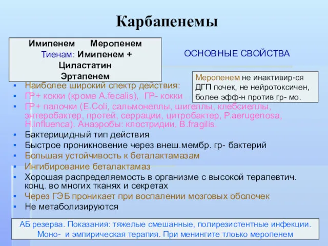 Карбапенемы ОСНОВНЫЕ СВОЙСТВА Наиболее широкий спектр действия: ГР+ кокки (кроме