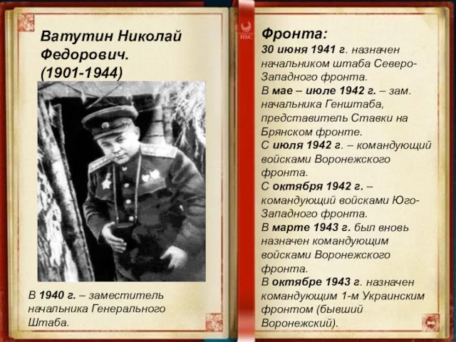 Ватутин Николай Федорович. (1901-1944) Фронта: 30 июня 1941 г. назначен