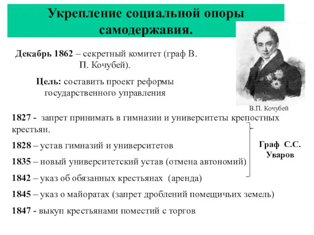 Укрепление социальной опоры самодержавия. 1827 - запрет принимать в гимназии