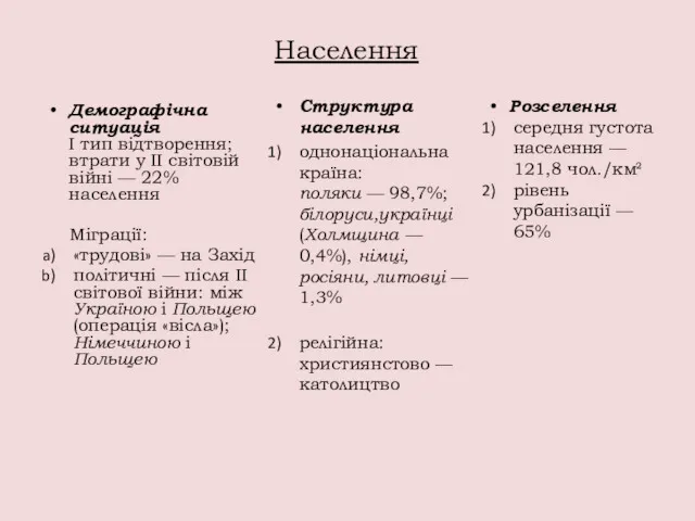 Населення Структура населення однонаціональна країна: поляки — 98,7%; білоруси,українці (Холмщина — 0,4%), німці,